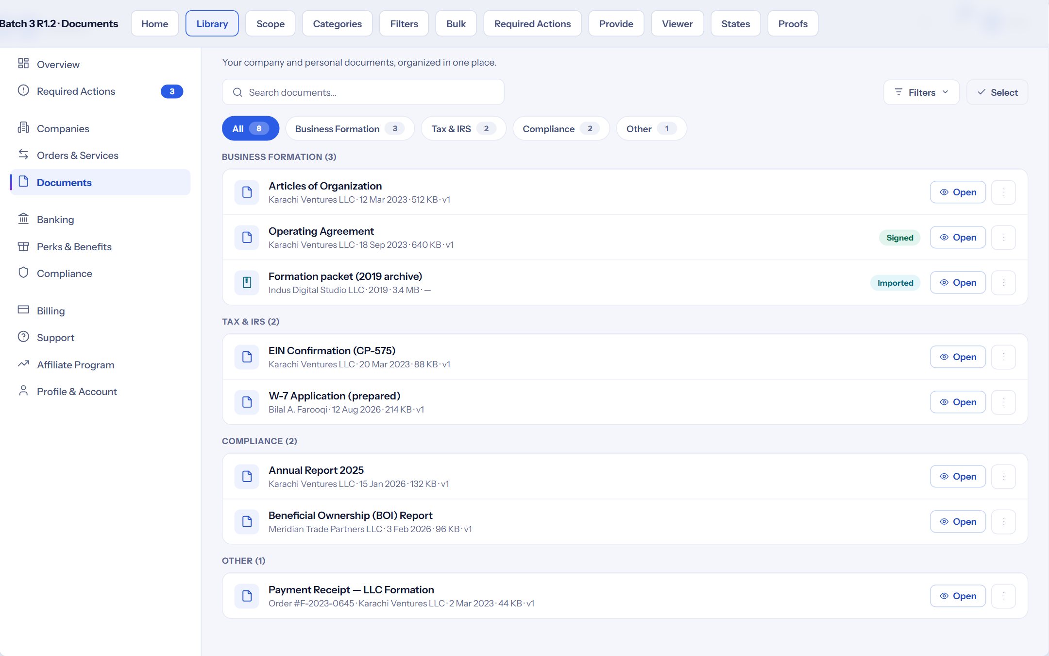 Kuick portal document library listing formation documents, the EIN letter and agreements.
