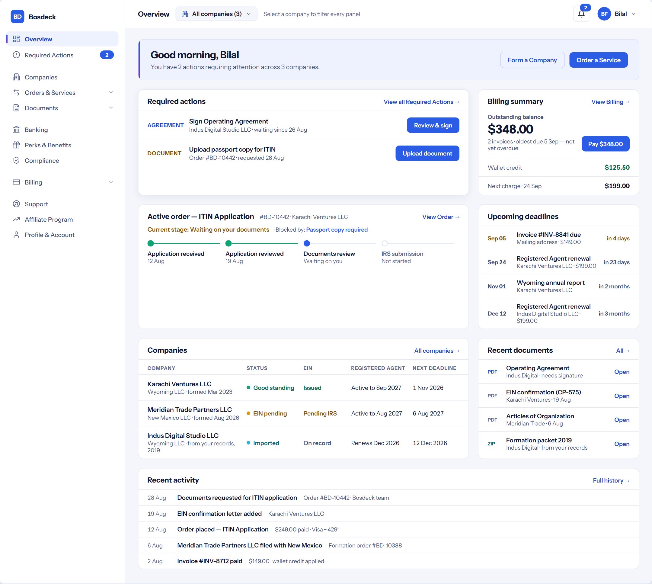 Kuick portal overview: required actions, EIN application stage, billing and upcoming deadlines.